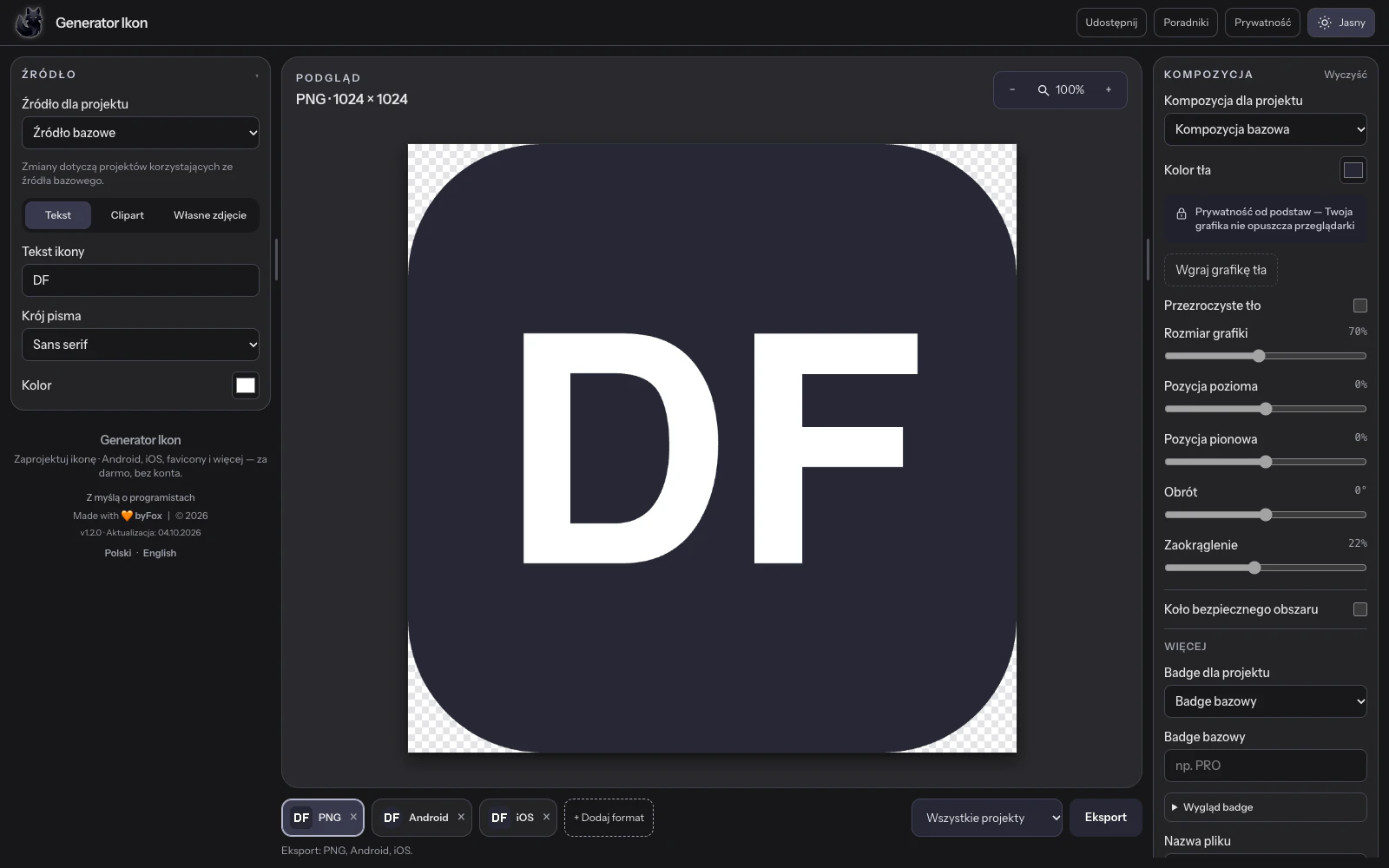 Edytor Icons z projektem ikony DF