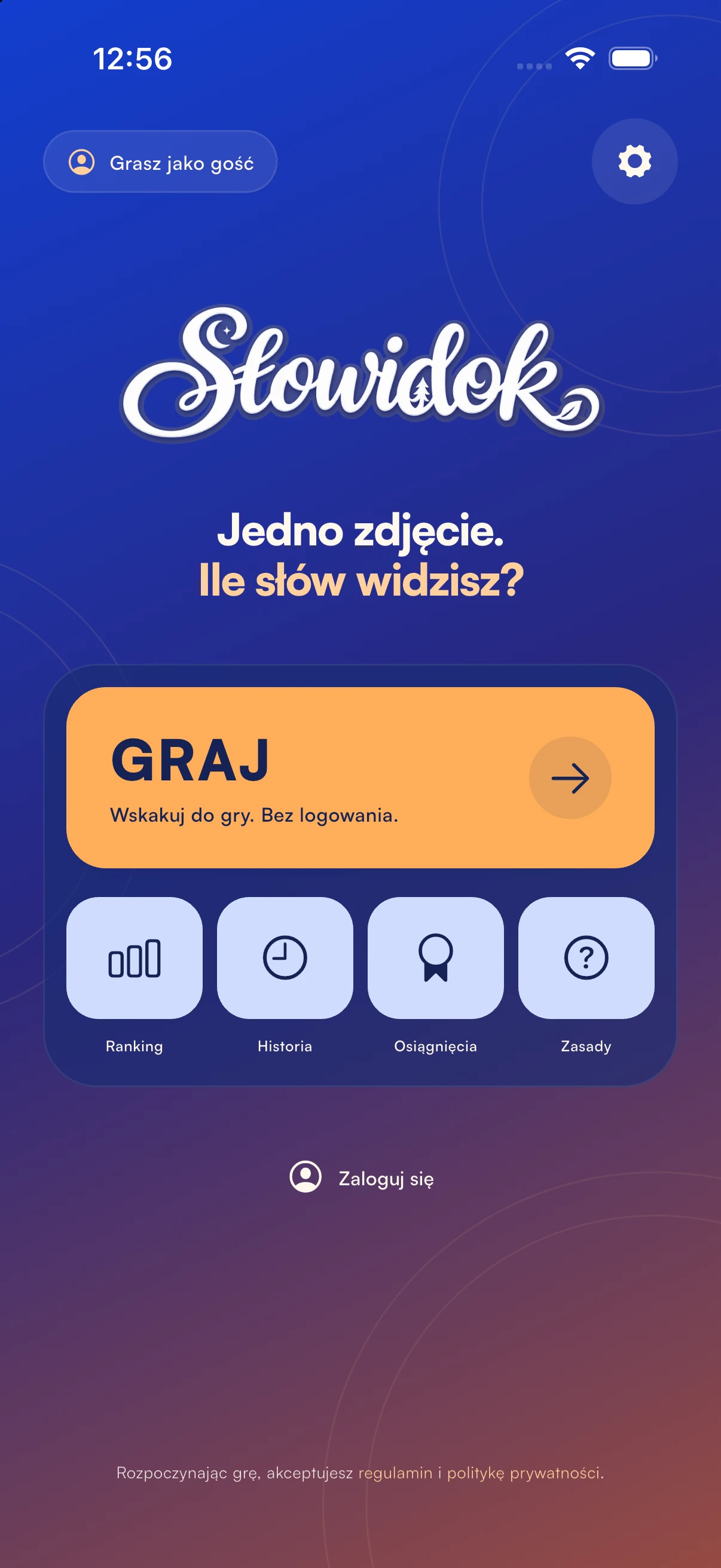 Słowidok — menu gry z wejściem jako gość; wersja rozwojowa