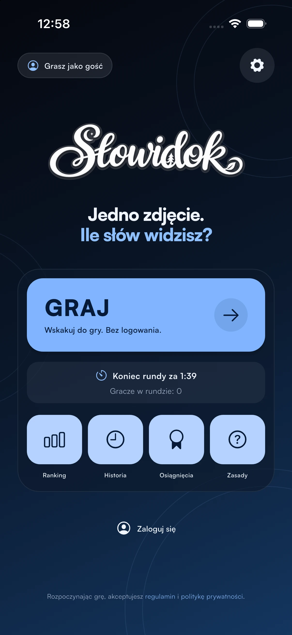 Słowidok — menu gry w ciemnym motywie kolorystycznym