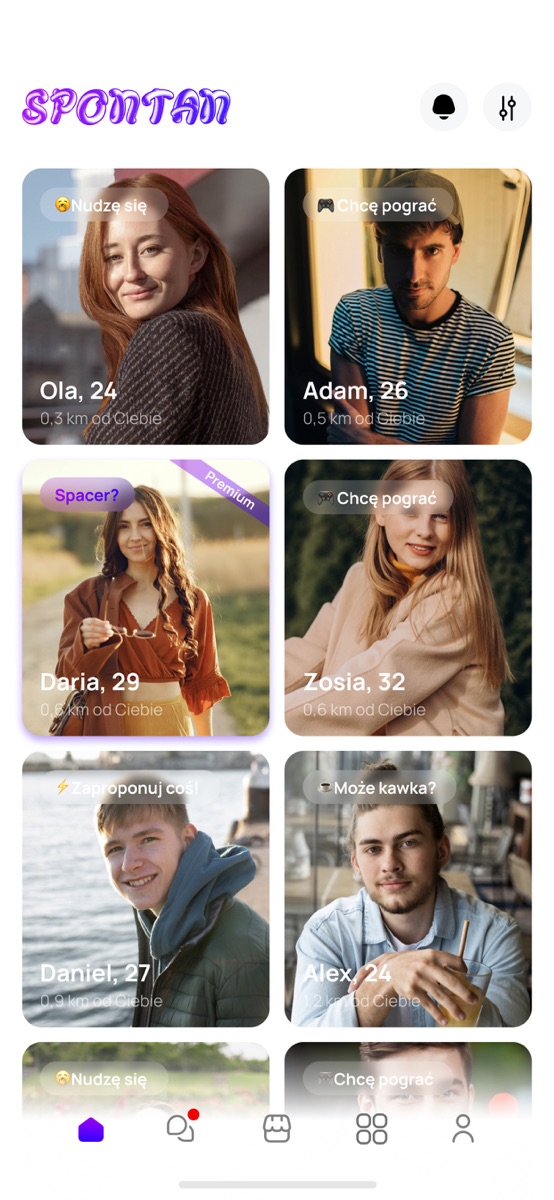 Profile osób w okolicy w aplikacji Spontan